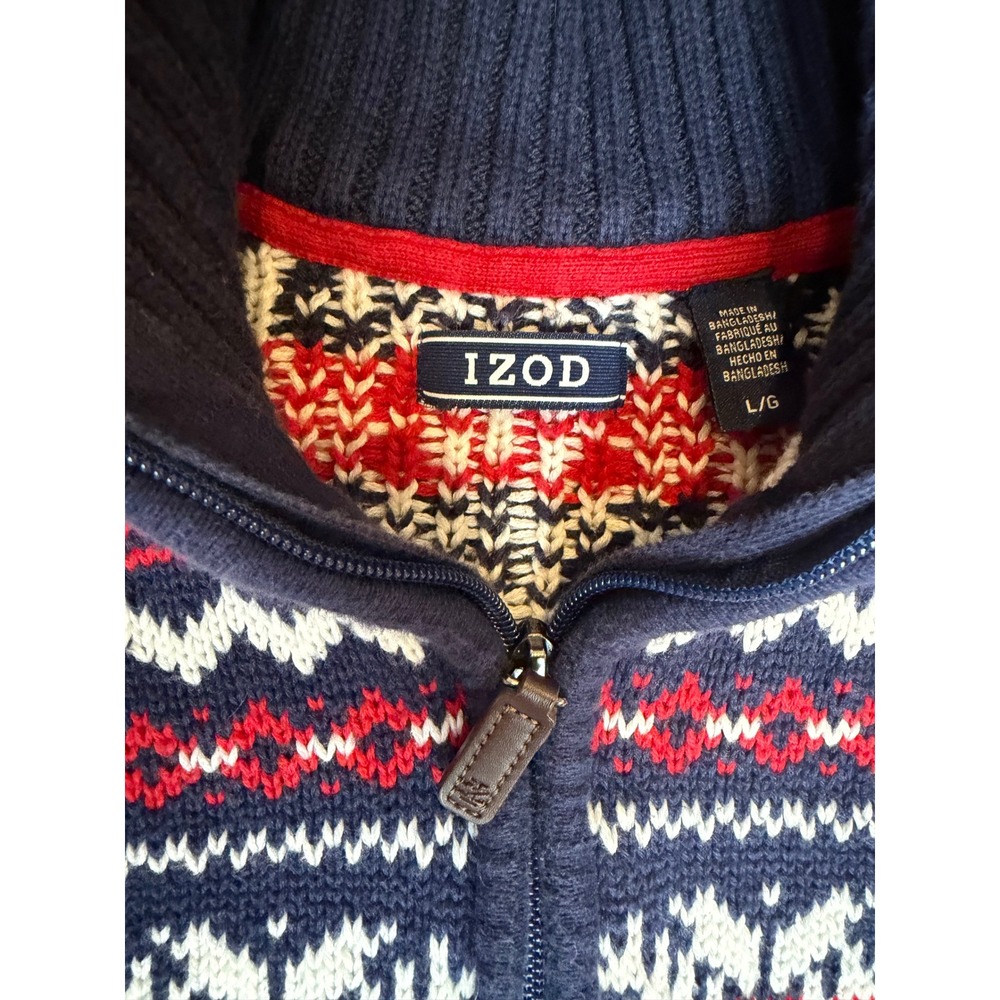 IZOD Vintage Fair Isle Sweater Mens Large Blue Red White 1/4‎ Zip Pullover Knit - Picture 4 of 8
